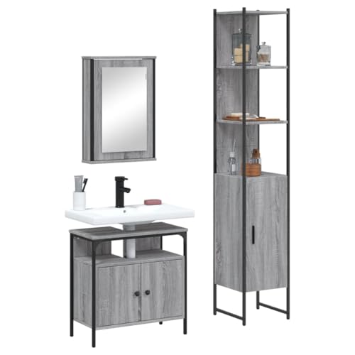 QJBSAVVA Badezimmerschrank Set Grau Sonoma 3-TLG mit Spiegelschrank Waschbeckenunterschrank und Hochschrank Holzwerkstoff Feuchtigkeitsbeständig Platzsparend für kleine Bäder von QJBSAVVA