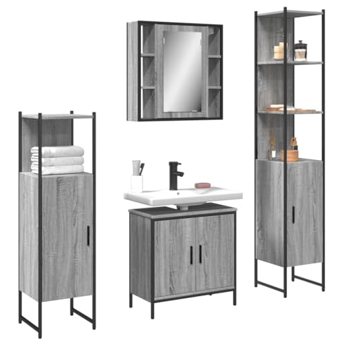 QJBSAVVA Badezimmerschrank Set Grau Sonoma 4-TLG Badmöbel mit Spiegelschrank Waschbeckenunterschrank und Stauraum 60 cm Holzwerkstoff & Stahl für modernes Badezimmer QJBSAVVA Badezimmerschrank Set Grau Sonoma 4-TLG Badmöbel mit Spiegelschrank Waschbeckenunterschrank und Stauraum 60 cm Holzwerkstoff & Stahl für modernes Badezimmer von QJBSAVVA