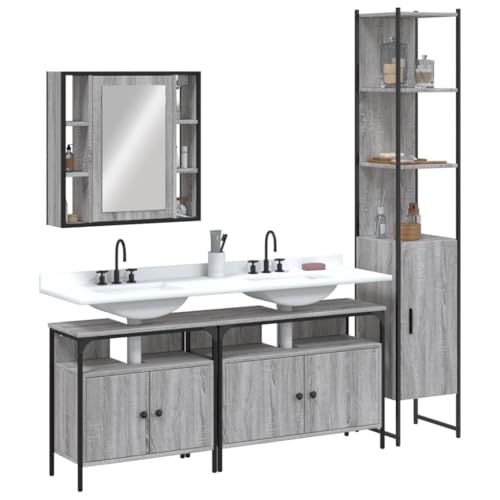 QJBSAVVA Badezimmerschrank Set Grau Sonoma 4-TLG mit Spiegelschrank und Waschbeckenunterschrank Stauraum Organizer 60x60cm Modernes Badmöbel für Badezimmer von QJBSAVVA