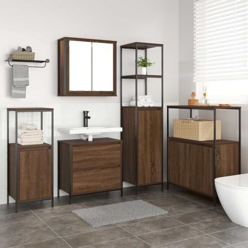 QJBSAVVA Badezimmerschrank Set aus Braunem Eichenholz Modernes 5-teiliges Badmöbel mit Waschbeckenunterschrank und Wandregal Stauraum für Badezimmer Essentials von QJBSAVVA