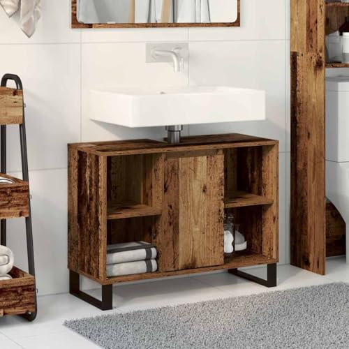 QJBSAVVA Badezimmerschrank aus altem Holz Rustikaler Waschtisch mit Stauraum Rechteckig Braun Verwitterte Oberfläche Spanplatte Metallbeine für Bad WC von QJBSAVVA