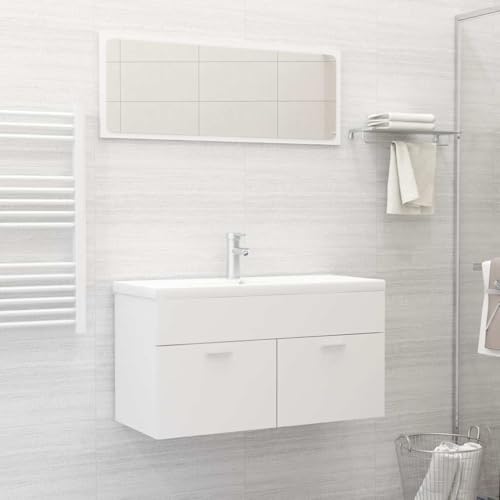 QJBSAVVA Badezimmerschrank mit Spiegel 2-TLG Badmöbel Set Weiß Holzwerkstoff 90 cm Waschbeckenunterschrank & Spiegel Modernes Design Stauraum für Bad WC QJBSAVVA Badezimmerschrank mit Spiegel 2-TLG Badmöbel Set Weiß Holzwerkstoff 90 cm Waschbeckenunterschrank & Spiegel Modernes Design Stauraum für Bad WC von QJBSAVVA