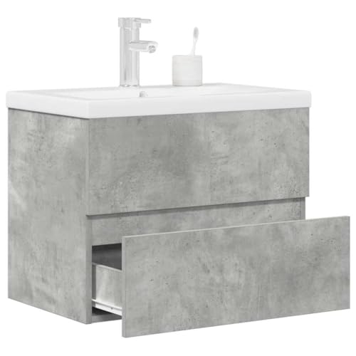 QJBSAVVA Badezimmerschrank mit Waschbecken Set Betongrau Holzwerkstoff Keramik Waschtisch 60 x 38,5 x 45 cm Stauraum & Platzsparend für Bad WC & Gäste-WC von QJBSAVVA
