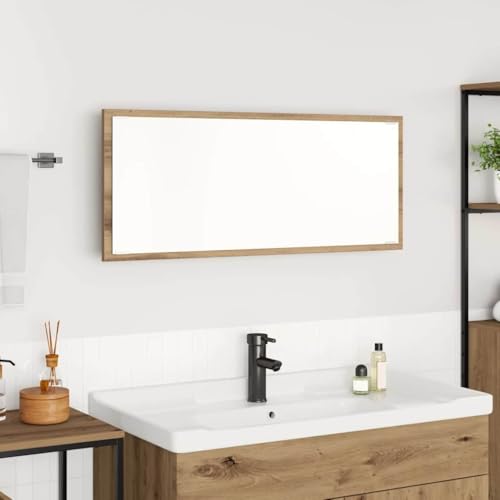 QJBSAVVA Badezimmerspiegel Artisan Eiche Holzwerkstoff mit LED Beleuchtung Rechteckiger Spiegel für Bad Modernes Design Einfache Montage Braun Blau von QJBSAVVA