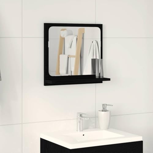 QJBSAVVA Badezimmerspiegel mit Ablage Schwarz Eichenoptik 40 x 10,5 x 37 cm Holzwerkstoff & Glas Klare Reflexion und Platzsparendes Design für Bad WC und Gäste-WC von QJBSAVVA