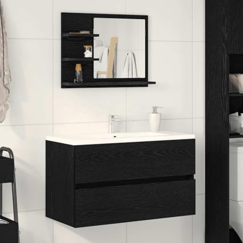 QJBSAVVA Badezimmerspiegel mit Ablagen Schwarz Eichen-Optik 60x10,5x45 cm Holzwerkstoff Klare Reflexion & Platzsparendes Design für Bad WC und Flur von QJBSAVVA