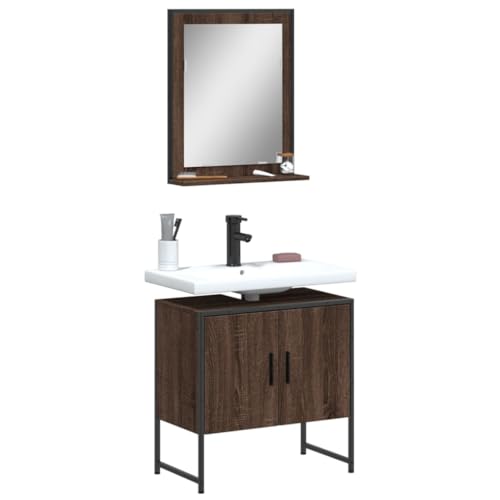 QJBSAVVA Badmöbel Set Braun Eichen Optik Waschbeckenunterschrank mit Spiegel und Ablage Stauraum für Badezimmer 60 x 33 x 60 cm Holzwerkstoff und Stahl von QJBSAVVA
