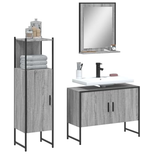 QJBSAVVA Badmöbel-Set Grau Sonoma 3-TLG mit Waschbeckenunterschrank Badezimmerschrank und Spiegel 80 x 33 x 60 cm Stauraum Holzwerkstoff & Stahl Modernes Design für Bad WC von QJBSAVVA
