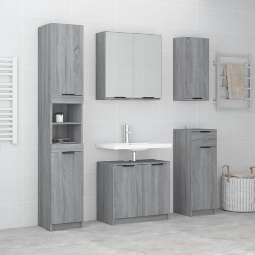QJBSAVVA Badmöbel-Set Grau Sonoma 5-TLG Badezimmerschrank Set mit Spiegel Holzwerkstoff & Glas Stilvolles Design mit Viel Stauraum Standschrank Hängeschrank Wandschrank für Modernes Badezimmer von QJBSAVVA
