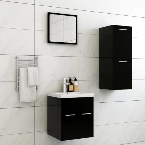 QJBSAVVA Badmöbel-Set Schwarz Modernes Badezimmerschrank Set mit Spiegel Waschbeckenunterschrank und Midischrank Plattenholz und Acryl Stauraum für Bad WC von QJBSAVVA