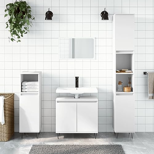 QJBSAVVA Badmöbel-Set Weiß 3-TLG mit Waschbeckenunterschrank und Standschränken aus Holzwerkstoff Stilvolles Design mit Metallfüßen & Viel Stauraum für Badezimmer WC oder Flur von QJBSAVVA