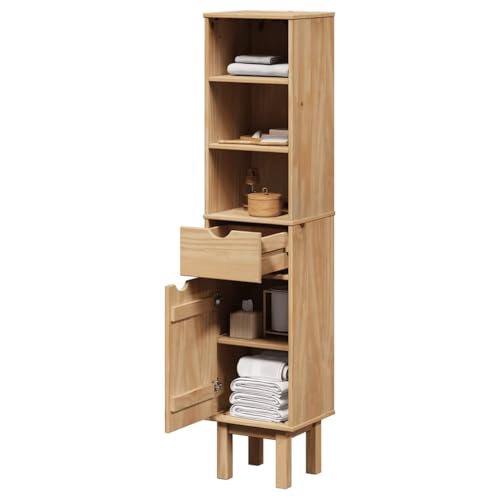 QJBSAVVA Badschrank OTTA 35x30x159 cm Massivholz Kiefer mit Honigwachs Finish Robuster Badezimmerschrank mit Schublade und Tür Praktischer Stauraum für Bad und WC von QJBSAVVA