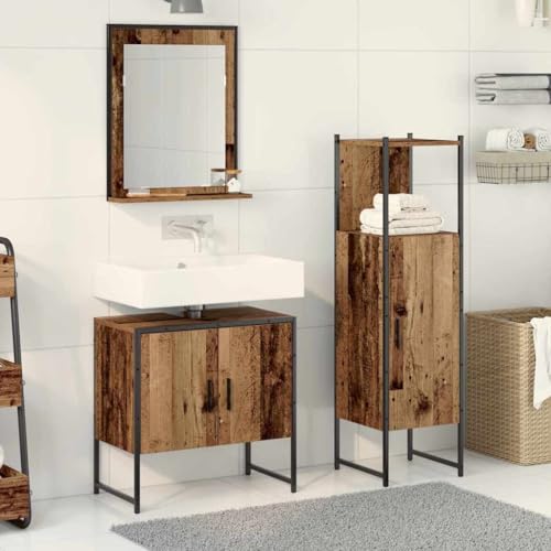 QJBSAVVA Badschrank aus Naturholz mit Metallrahmen 3-TLG Set in Braun Rustikales Design mit 4 Türen und Spiegel Stauraum für Badezimmer Flur oder Garderobe von QJBSAVVA