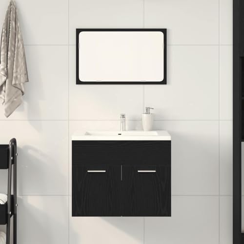 QJBSAVVA Badschrank mit Spiegel 60 x 38,5 x 46 cm Schwarz Eichen-Optik Holzwerkstoff & Glas Stauraum für Badezimmer Modernes Design von QJBSAVVA