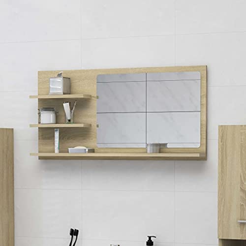 QJBSAVVA Badspiegel Sonoma-Eiche 90x10,5x45 cm mit 3 Ablagen Moderner Wandspiegel aus Holzwerkstoff und Acryl für Badezimmer und Wohnbereich von QJBSAVVA