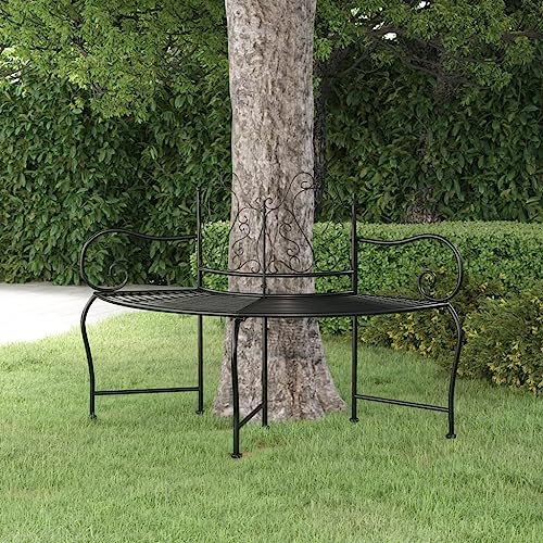 QJBSAVVA Baumbank aus Stahl 150 cm Schwarz Wetterfeste Gartenbank mit Elegantem Design für Garten Terrasse und Balkon Natürlicher Schattenplatz von QJBSAVVA
