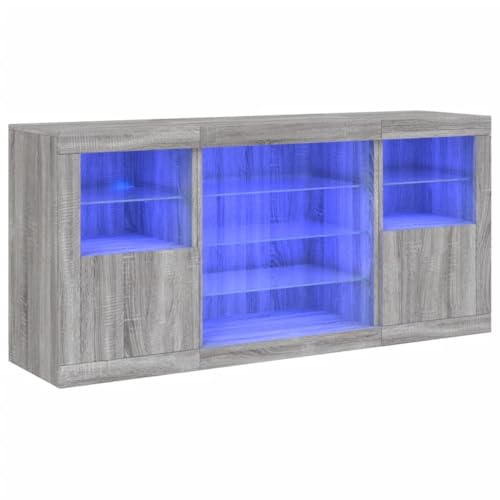 QJBSAVVA Beistellschrank Küche Küchenbuffet Buffetschrank Sideboard Wohnzimmer Küchenvitrine - Sideboard mit LED-Leuchten Grau Sonoma 142,5x37x67 cm für Balkon Büro Terrasse Küche von QJBSAVVA