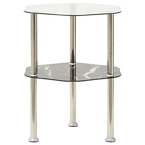 QJBSAVVA Beistelltisch Moderner 2 Stufiger Couchtisch aus Gehärtetem Glas und Edelstahl 38 x 38 x 50 cm Transparent mit Schwarzer Marmor Optik Stabil und Langlebig für Wohnzimmer Balkon oder Garten von QJBSAVVA