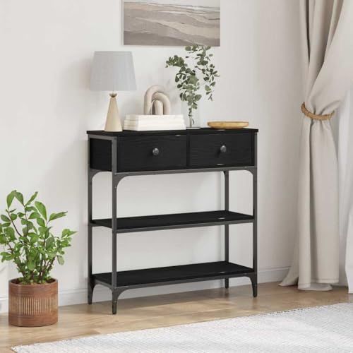 QJBSAVVA Beistelltisch Schwarz Eiche Modernes Design 72.5x25x75 cm Holzwerkstoff & Stahl mit 2 Schubladen und 2 Regalen Praktisch und Stilvoll für Wohnzimmer Schlafzimmer von QJBSAVVA