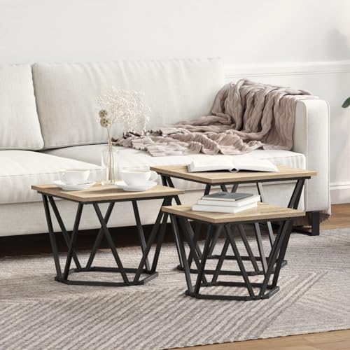 QJBSAVVA Beistelltische 3er Set aus Sonoma Eiche Holzwerkstoff mit Metallrahmen Braun Rechteckig 40x40x32 cm Tragkraft 50 kg Industrielles Design für Wohnzimmer Schlafzimmer und Flur QJBSAVVA Beistelltische 3er Set aus Sonoma Eiche Holzwerkstoff mit Metallrahmen Braun Rechteckig 40x40x32 cm Tragkraft 50 kg Industrielles Design für Wohnzimmer Schlafzimmer und Flur von QJBSAVVA