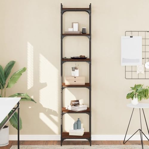 QJBSAVVA Bücherregal aus Holzwerkstoff und Metall in Braun Eichen-Optik, 6 Böden, schmal und platzsparend für Wohnzimmer, Büro oder Balkon von QJBSAVVA