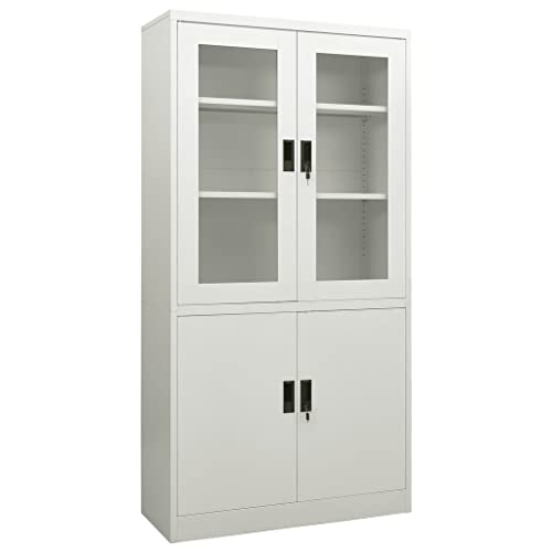 QJBSAVVA Büroschrank Hellgrau Aktenschrank aus Stahl mit Gehärtetem Glas 90 x 40 x 180 cm 3 Einlegeböden & 2 Schlösser Robust & Sicher für Büro Archiv und Homeoffice von QJBSAVVA