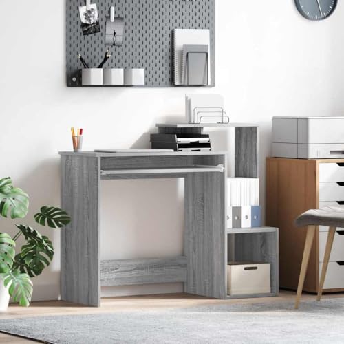 QJBSAVVA Computertisch Grau Moderner Schreibtisch aus Holzwerkstoff mit 2 Regalen Mattes Design Platzsparend für Büro und Homeoffice von QJBSAVVA