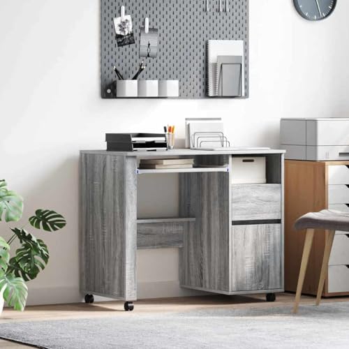 QJBSAVVA Computertisch Grau Sonoma Moderner Schreibtisch mit Rollen und Stauraum Rechteckiger Homeoffice Tisch aus Spanplatte Matt 50 kg Belastbarkeit für Büro und Lernbereich von QJBSAVVA