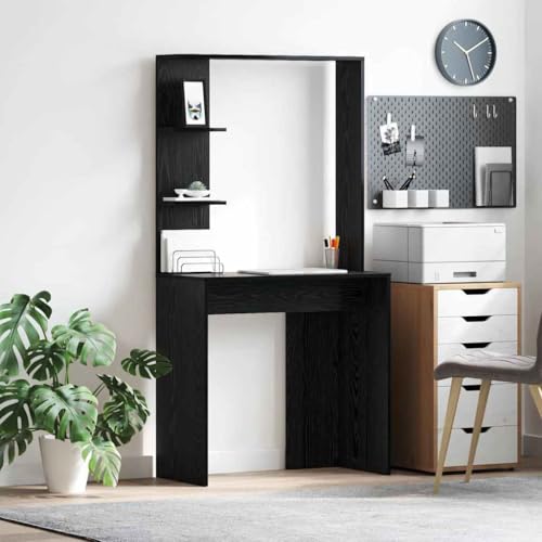 QJBSAVVA Computertisch aus schwarzer Eiche Moderner Schreibtisch mit 2 Regalen Massivholz und MDF Platzsparend für Büro und Homeoffice von QJBSAVVA