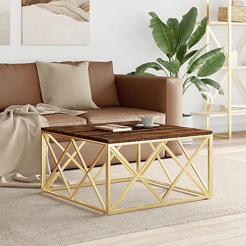 QJBSAVVA Couchtisch Golden Edelstahl und Altholz Massiv - Moderner Wohnzimmertisch mit robuster Stahlkonstruktion und einzigartiger Holzplatte von QJBSAVVA
