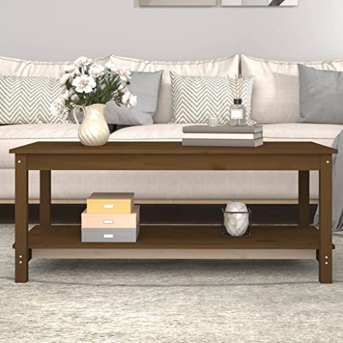 QJBSAVVA Couchtisch Honigbraun aus Massivholz Kiefer 110x55x45 cm - 2-Etagen-Design, Stabiler Wohnzimmertisch, Beistelltisch mit rustikaler Optik für Sofa, Flur oder Schlafzimmer von QJBSAVVA