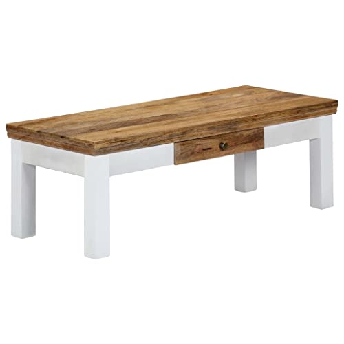 QJBSAVVA Couchtisch Massivholz Mango Rustikaler Design mit Schublade Natur Weiß 110x50x40 cm für Wohnzimmer und Wohnbereich als Beistelltisch oder Dekotisch von QJBSAVVA