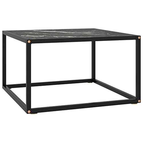 QJBSAVVA Couchtisch Schwarz mit Schwarzem Glas in Marmor-Optik 60x60x35 cm - Moderner Beistelltisch aus gehärtetem Glas & pulverbeschichtetem Stahl für Wohnzimmer und Flur von QJBSAVVA