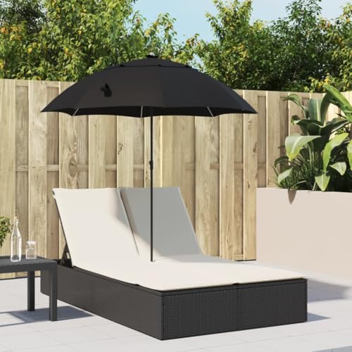 QJBSAVVA Doppelliege Garten PE Rattan Sonnenliege mit 4 Fach Verstellbarer Rückenlehne und Sonnenschirm Schwarz Cremeweiß 200 x 164 cm Bequem & Wetterfest für Balkon Terrasse und Strand von QJBSAVVA