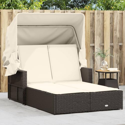 QJBSAVVA Doppelliege Garten mit Sonnendach PE Rattan 110 x 201 cm Braun Cremeweiß Verstellbare Rückenlehne Outdoor Strandliege Relaxliege für Garten Balkon und Terrasse von QJBSAVVA