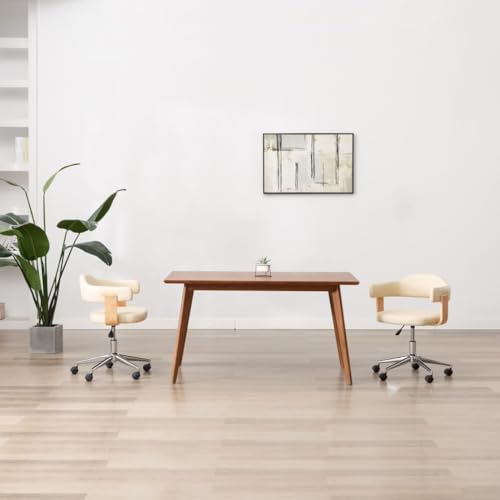 QJBSAVVA Drehstuhl Creme Moderner Bürostuhl mit Kunstleder und Bugholz Höhenverstellbarer Schreibtischstuhl für Home Office Schlafzimmer und Wohnzimmer von QJBSAVVA