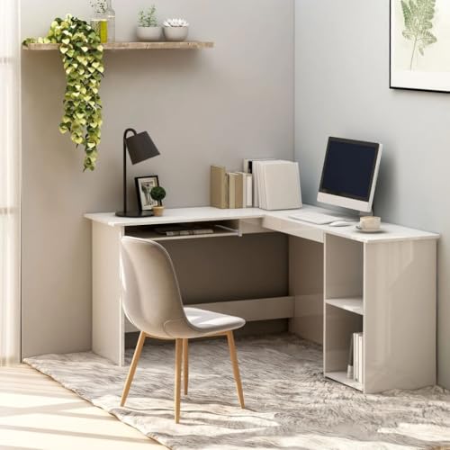 QJBSAVVA Eckschreibtisch L-Form Hochglanz Weiß 120x140x75 cm Moderner Schreibtisch mit Tastaturablage & 2 Regalen Robuster Holzwerkstoff für Büro Homeoffice von QJBSAVVA