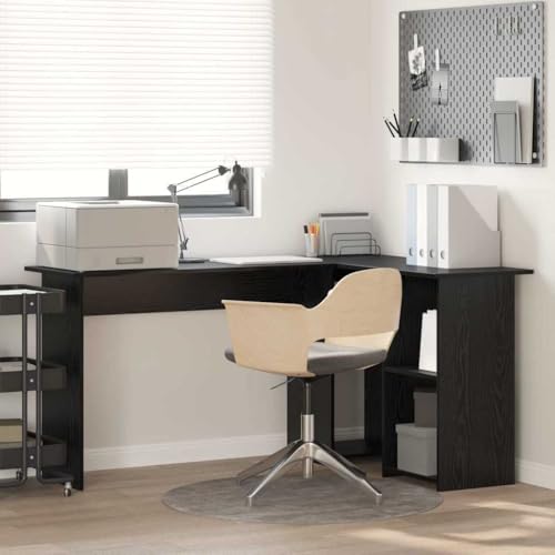 QJBSAVVA Eckschreibtisch Schwarz Eichenoptik Moderner Schreibtisch mit 2 Regalen Robuster Holzwerkstoff für Homeoffice und Büro von QJBSAVVA