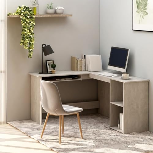 QJBSAVVA Eckschreibtisch in L-Form Betongrau 120x140x75 cm Moderner Büroschreibtisch mit verschiebbarer Tastaturablage und 2 offenen Regalen aus Holzwerkstoff Robust und Langlebig für Homeoffice von QJBSAVVA