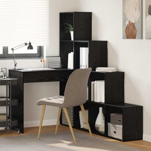 QJBSAVVA Eckschreibtisch mit Stauraum Moderner Schreibtisch für Homeoffice und Gaming 101.5 x 149.5 cm Schwarze Eiche aus Holzwerkstoff Platzsparend & Organisiert von QJBSAVVA