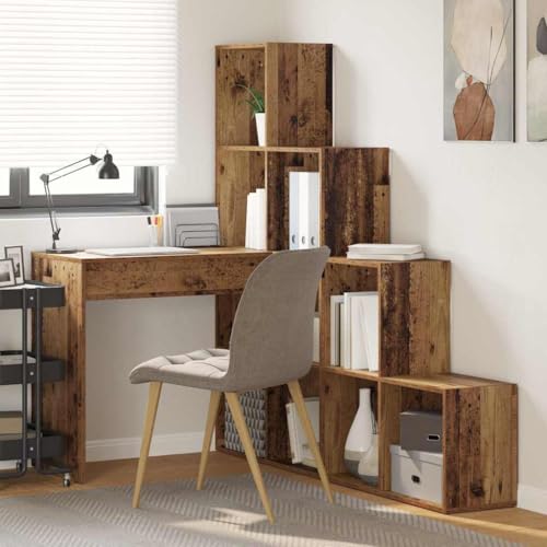 QJBSAVVA Eckschreibtisch mit Stauraum Moderner Schreibtisch für Homeoffice und Gaming 101.5 x 149.5 x 149.5 cm Altholz Optik Hochwertiger Holzwerkstoff Platzsparend und Organisiert von QJBSAVVA