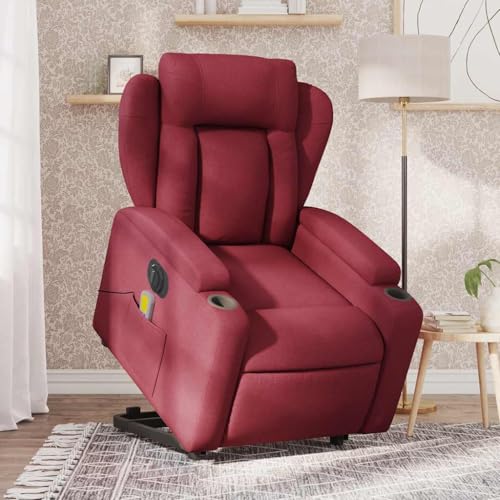 QJBSAVVA Elektrischer Massagesessel mit Aufstehhilfe Weinrot Stoff Relaxsessel mit Vibrationsfunktion und Liegeposition Bequem & Langlebig für Wohnzimmer Schlafzimmer und Balkon von QJBSAVVA