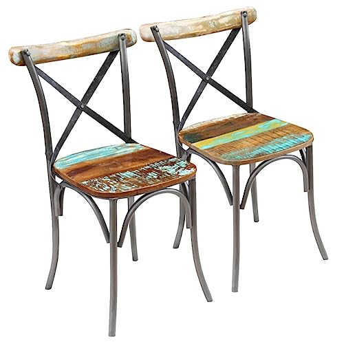 QJBSAVVA Esszimmerstühle 2er Set aus Massivem Altholz mit Stahlrahmen Antik Design Vintage Stil 51 x 52 x 84 cm Robust & Einzigartig für Küche Wohnzimmer und Essbereich von QJBSAVVA