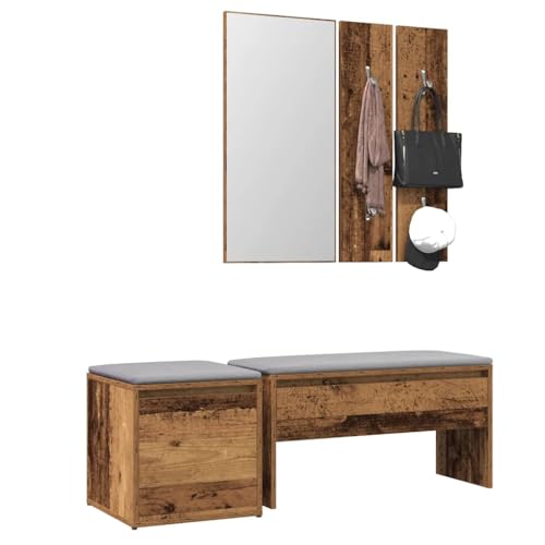 QJBSAVVA Flurmöbel Set Altholz Optik mit Spiegel Garderobe Bank und Aufbewahrungsbox 80 cm Breite für Eingangsbereich Schlafzimmer und Esszimmer von QJBSAVVA
