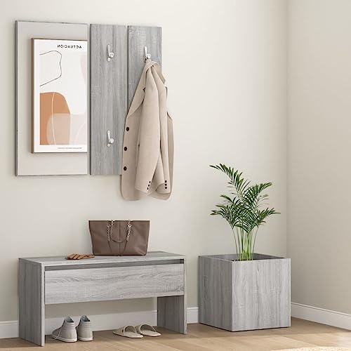 QJBSAVVA Flurmöbel Set Grau Sonoma mit Sitzbank Garderobe Spiegel und Pflanzkasten 80 cm Breite Holzwerkstoff Stauraum für Flur Wohnzimmer und Schlafzimmer von QJBSAVVA