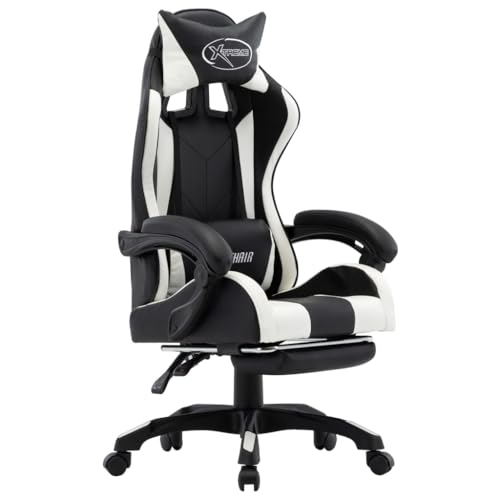 QJBSAVVA Gaming Stuhl Weiß Schwarz Kunstleder mit Fußstütze Höhenverstellbarer Bürodrehstuhl mit Kopf und Lendenkissen für Home Office und Spielzimmer von QJBSAVVA