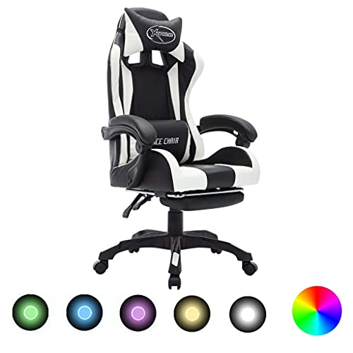 QJBSAVVA Gaming Stuhl Weiß Schwarz Kunstleder mit RGB LED Beleuchtung Höhenverstellbarer Bürodrehstuhl mit Fußstütze für Home Office und Gaming Bereich von QJBSAVVA