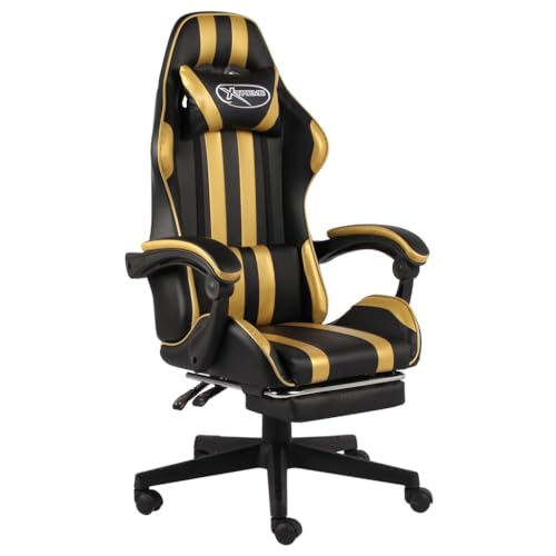 QJBSAVVA Gaming Stuhl mit Fußstütze Schwarz Gold Kunstleder Bürostuhl Höhenverstellbar Drehstuhl mit Armlehnen für Home Office und Spielzimmer von QJBSAVVA