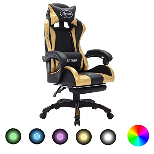 QJBSAVVA Gaming Stuhl mit RGB LED Beleuchtung Schwarz Gold Kunstleder Höhenverstellbarer Bürodrehstuhl mit Fußstütze für Home Office und Spielzimmer von QJBSAVVA