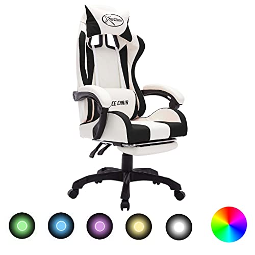 QJBSAVVA Gaming Stuhl mit RGB LED Beleuchtung Schwarz Weiß Kunstleder Höhenverstellbarer Bürodrehstuhl mit Fußstütze für Home Office und Spielzimmer von QJBSAVVA